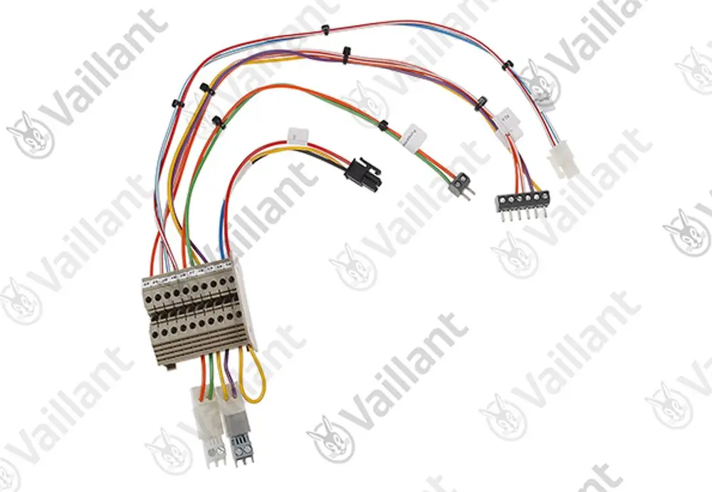 Kabelbaum von Vaillant mit mehreren farbigen Leitungen und verschiedenen Steckverbindungen, geeignet für elektrische Anschlüsse in Heizsystemen.